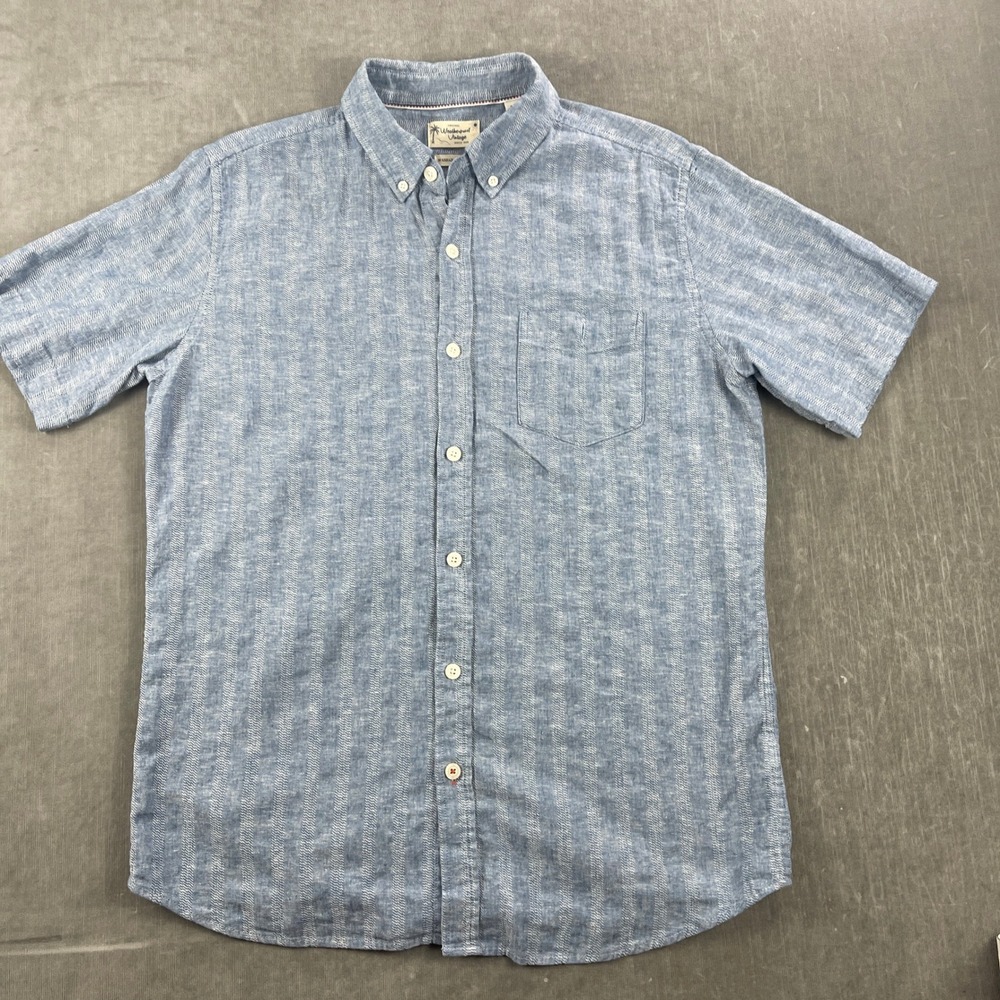 Weatherproof Vintage Mens Medium Blue Striped Washable Linen Button Down Shirt